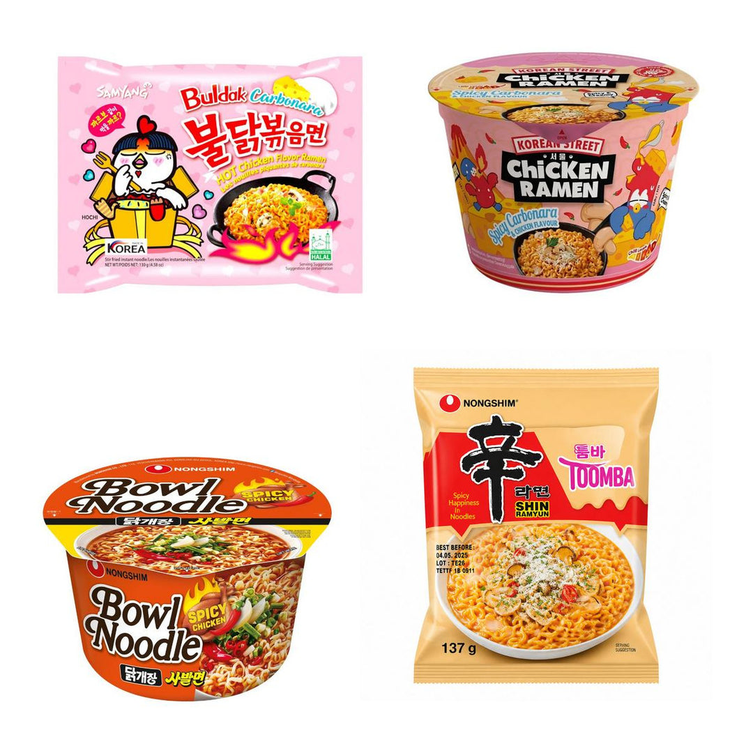 Noodles Kit, 4 instant noedels met smaak carbonara hot chicken, pittige carbonara, pittige kip en pittige kaas