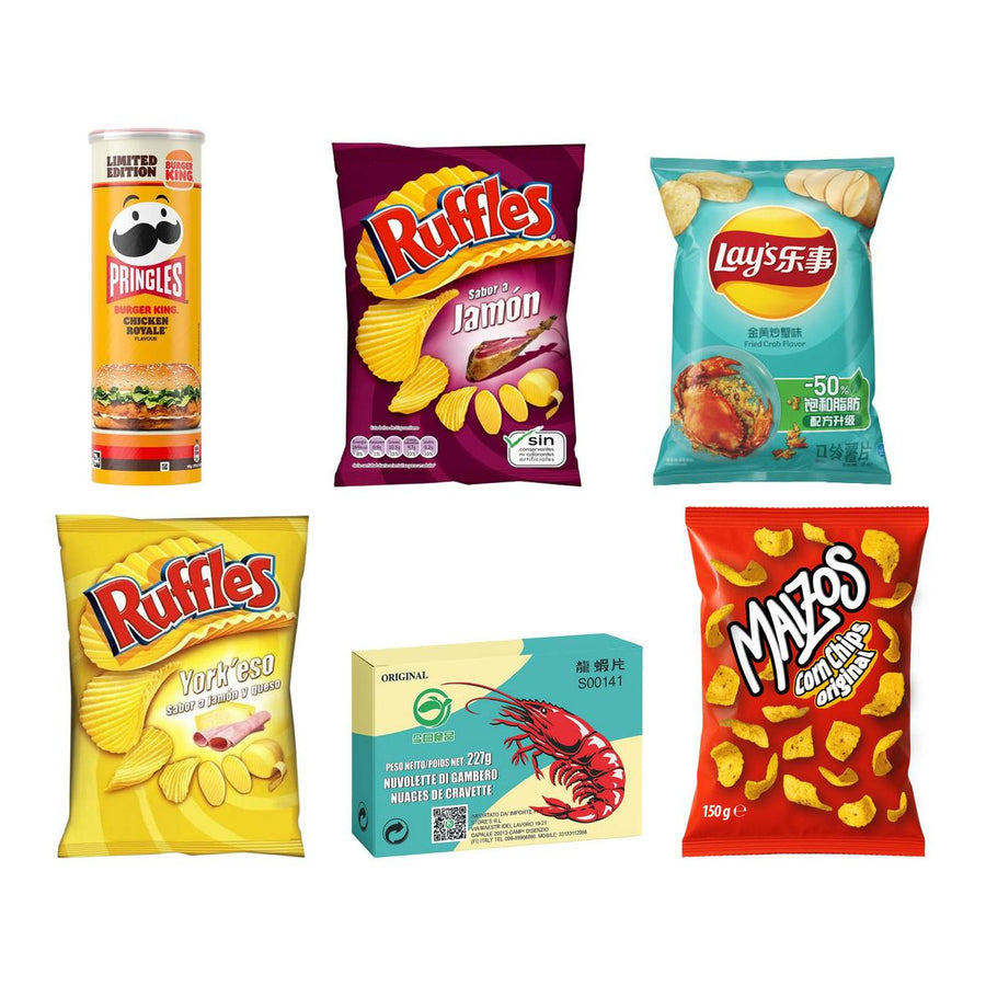 Kit chips en chips, 6 chips met de smaak Chicken Royale, ham, krab, kaas en ham, garnaal en original