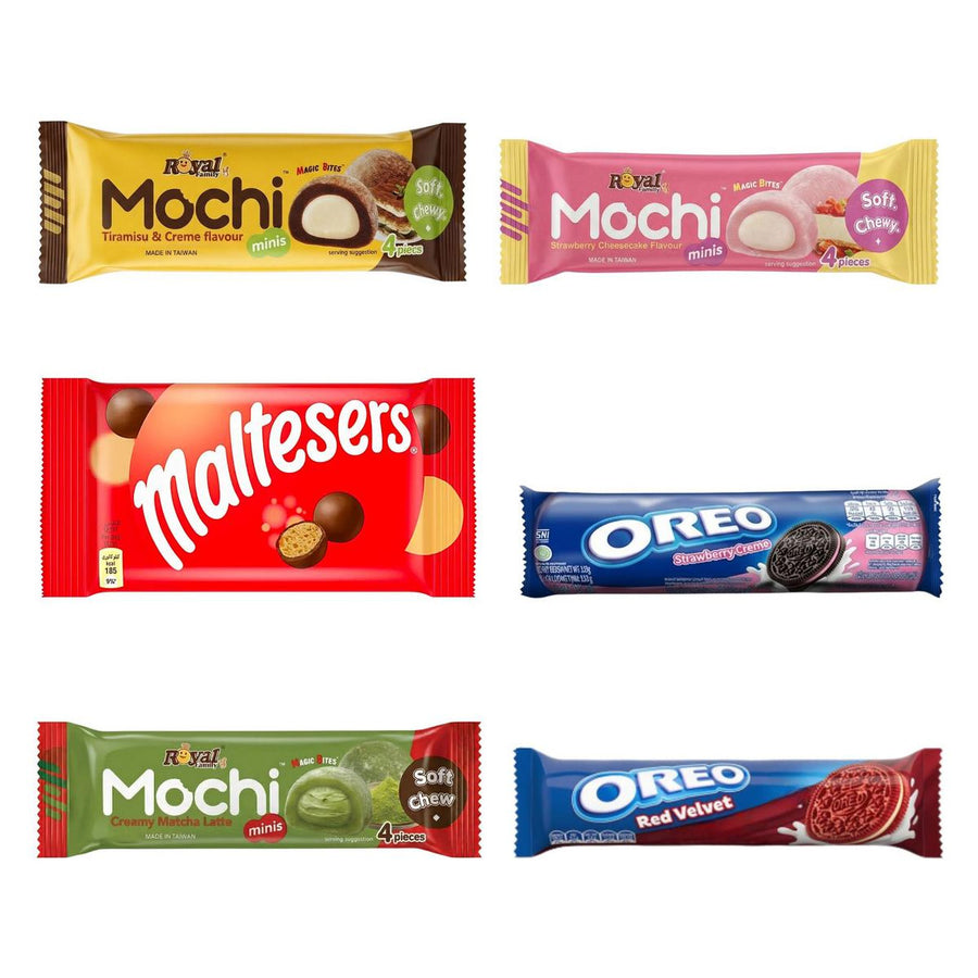 Snack zoete bundel, 6 snack zoete smaken tiramisu, strawberry cheesecake, melkchocolade, aardbei, matcha latte en red velvet