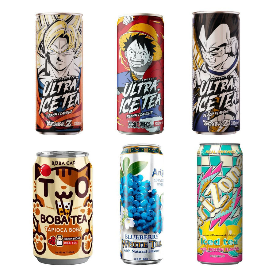 Tè Box, 6 koude theeën en bubble tea met perziksmaak (Goku, Luffy, Vegeta), brown sugar milk tea, bosbes en citroen