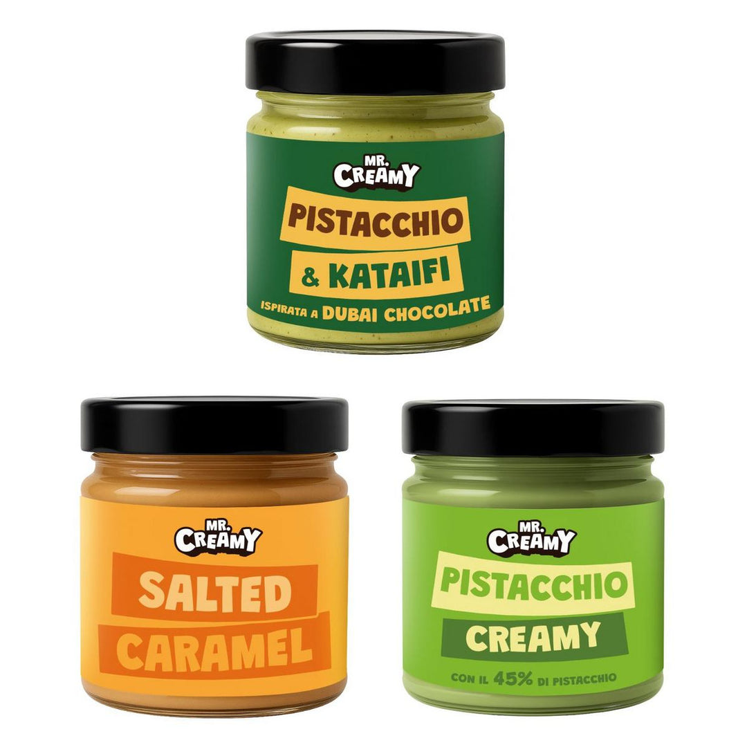 Mr. Creamy Kit, 3 smeerbare crèmes met pistache- &amp; kataifi-smaak, salted caramel en pistache creamy