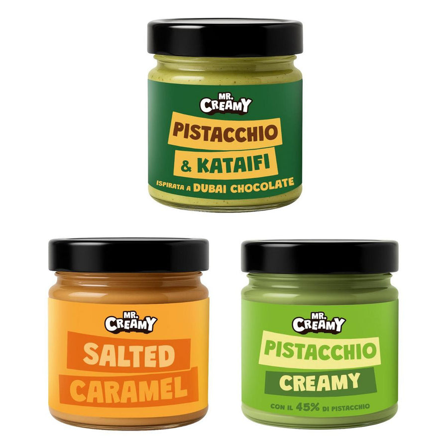 Mr. Creamy Kit, 3 smeerbare crèmes met pistache- & kataifi-smaak, salted caramel en pistache creamy