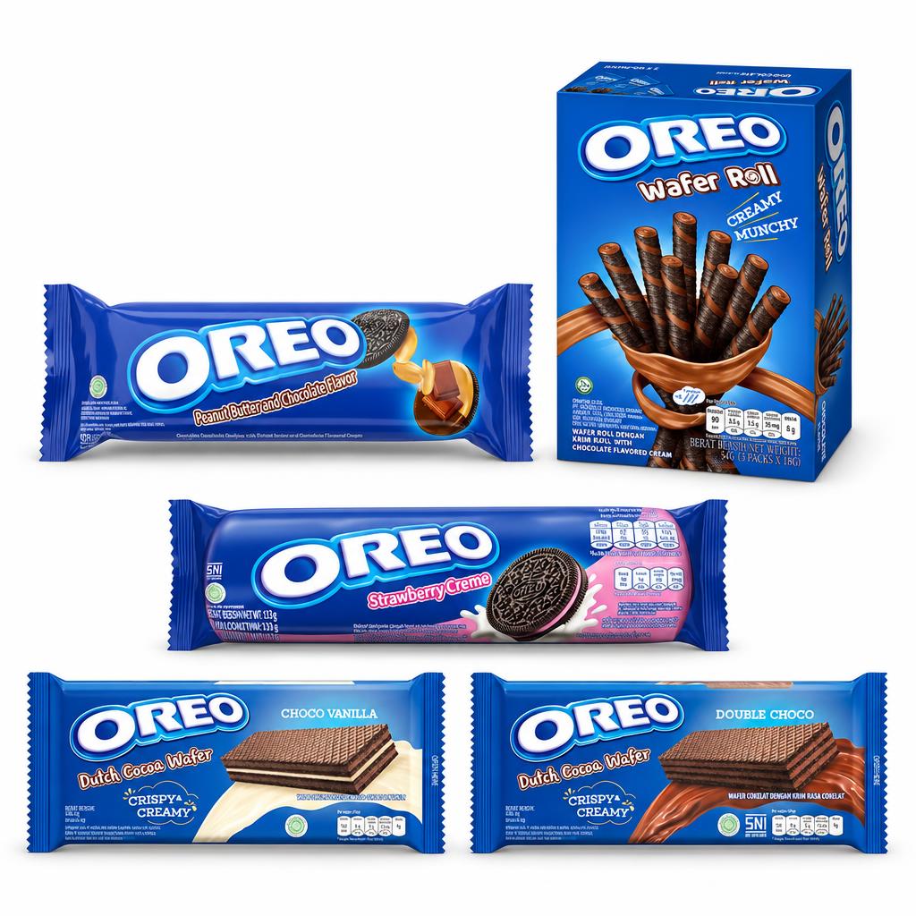 Oreo Kit, 5 koekjes en wafels met pindakaassmaak, chocoladerol, aardbei, cacao-vanille en dubbele chocolade