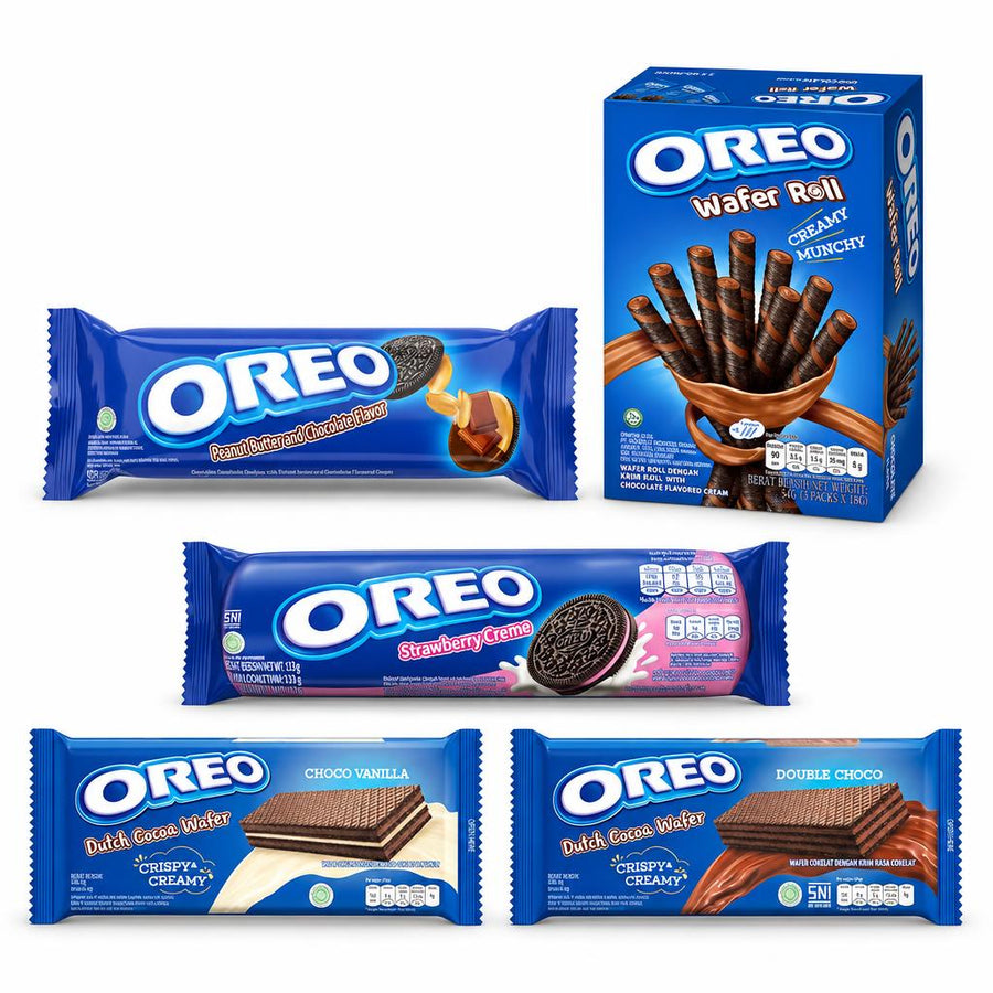 Oreo Kit, 5 koekjes en wafels met pindakaassmaak, chocoladerol, aardbei, cacao-vanille en dubbele chocolade