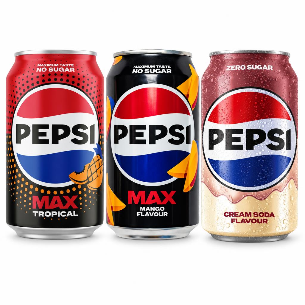 Pepsi Kit, 3 frisdranken met tropische fruitsmaak, mango en cola en vanille