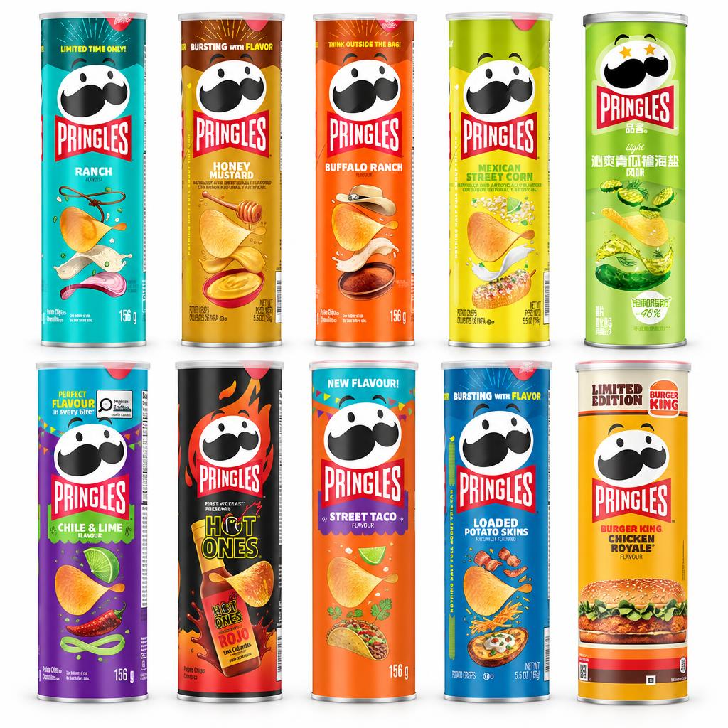 Pringles Kit, 10 chips in verschillende smaken: ranch, honey mustard, buffalo ranch, enz.