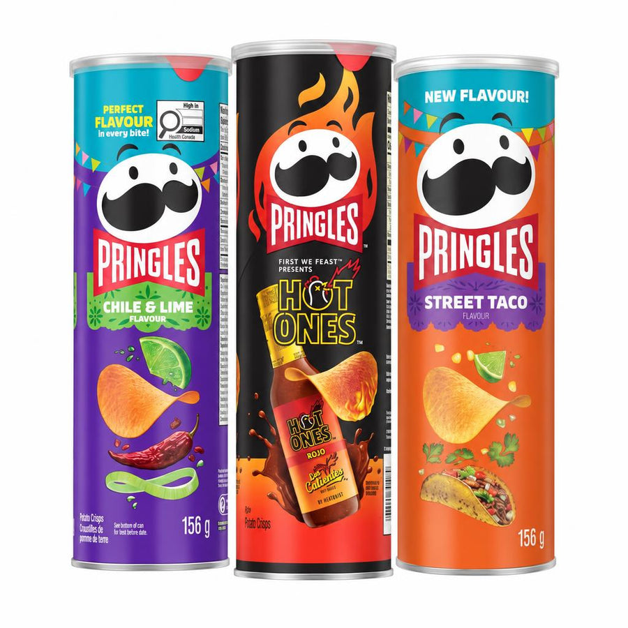 Pringles Kit, 3 chips met chili- en limoensmaak, Hot Ones Los Calientes Rojo en Street Taco