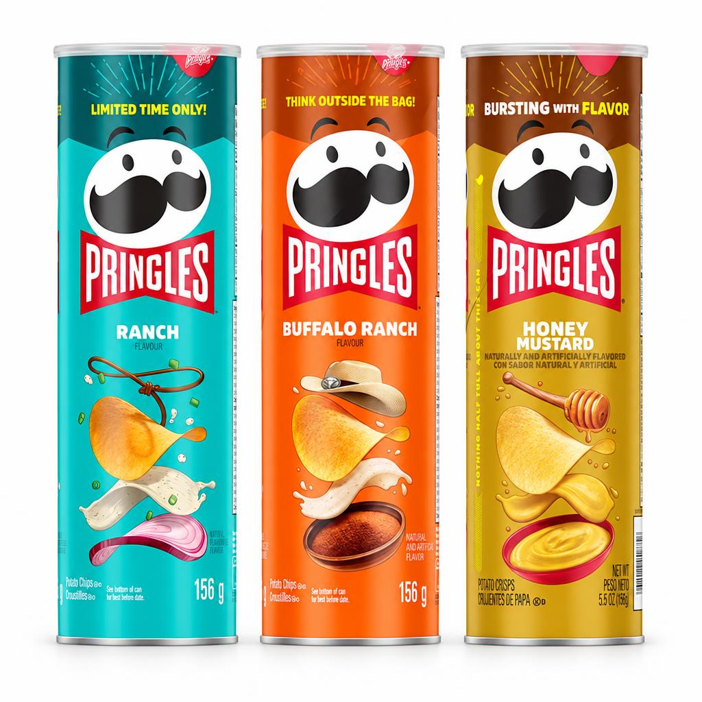 Pringles Kit, 3 chips met ranch-, buffalo ranch- en honigmosterdsmaak