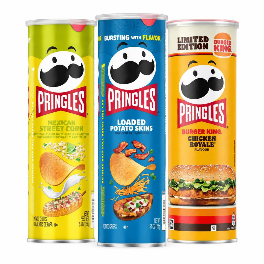 Pringles Kit, 3 chips met smaak van gegrilde maïs met kaas en limoen, bacon en zure room en Chicken Royale
