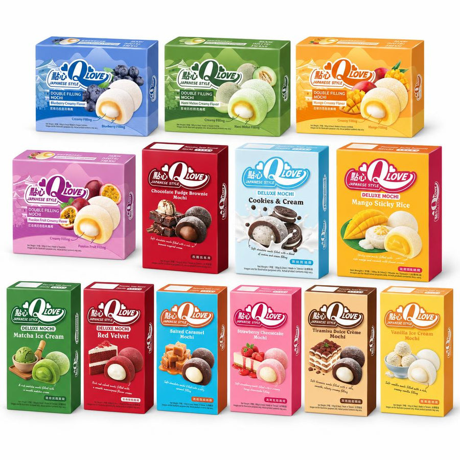 Qlove Kit, 13 mochi in verschillende smaken: bosbes, brownie, tiramisu, enz.