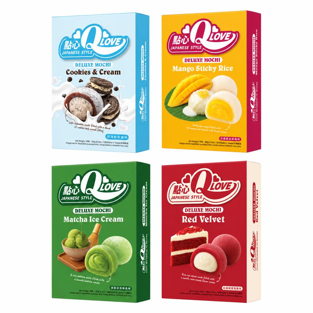 Qlove Kit, 4 mochi met cookies &amp; cream-, mango- en kokos-, matcha- en red velvet-smaak