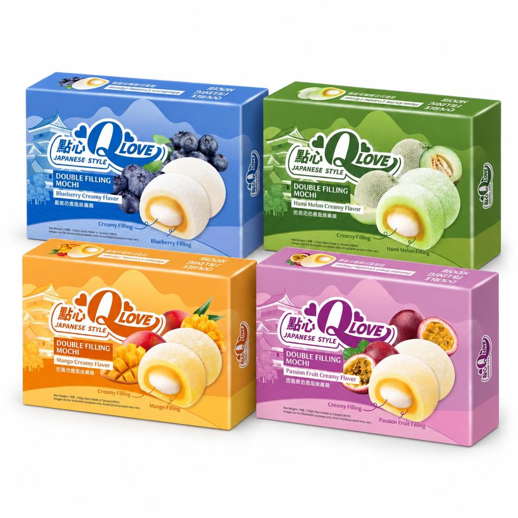 Qlove Kit, 4 mochi met bosbes-, meloen-, mango- en passievruchtsmaak