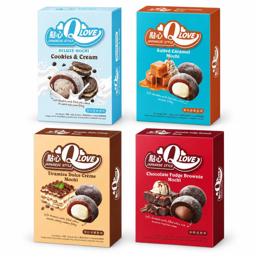 QLove Kit, 4 mochi met cookies en cream, gezouten karamel, tiramisu en brownie