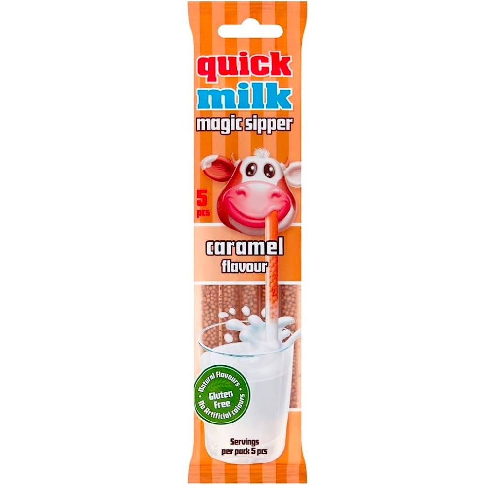 Quick Milk Magic Sipper Caramel Flavor, rietjes met karamel snoepjes met karamelsmaak van 30g 