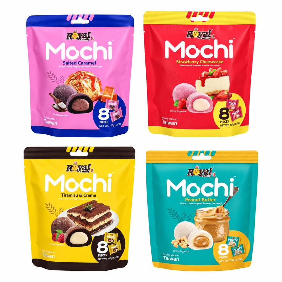 Family Foods Kit, 4 mochi met salted caramel, aardbeien-cheesecake, tiramisu en pindakaas
