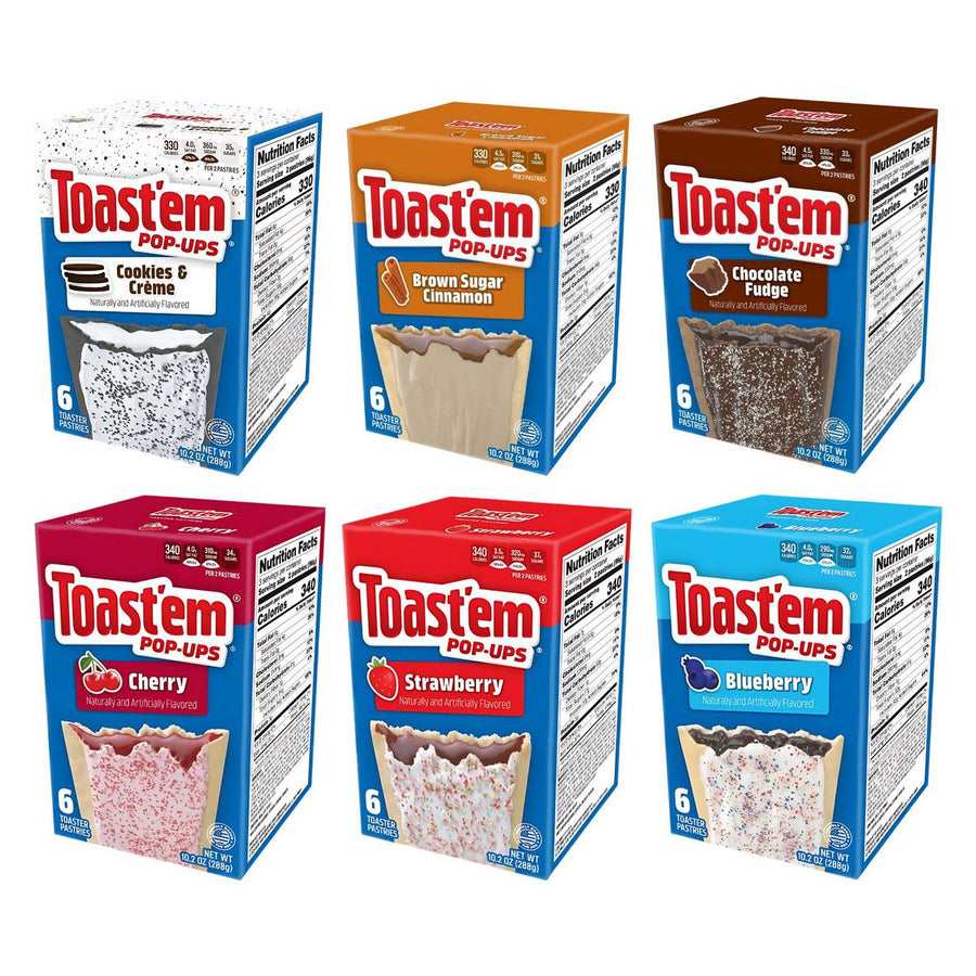 Toast'em Kit, 6 taartjes als snack met cookies and cream-smaak, kaneel, chocolade, kers, aardbei en bosbes