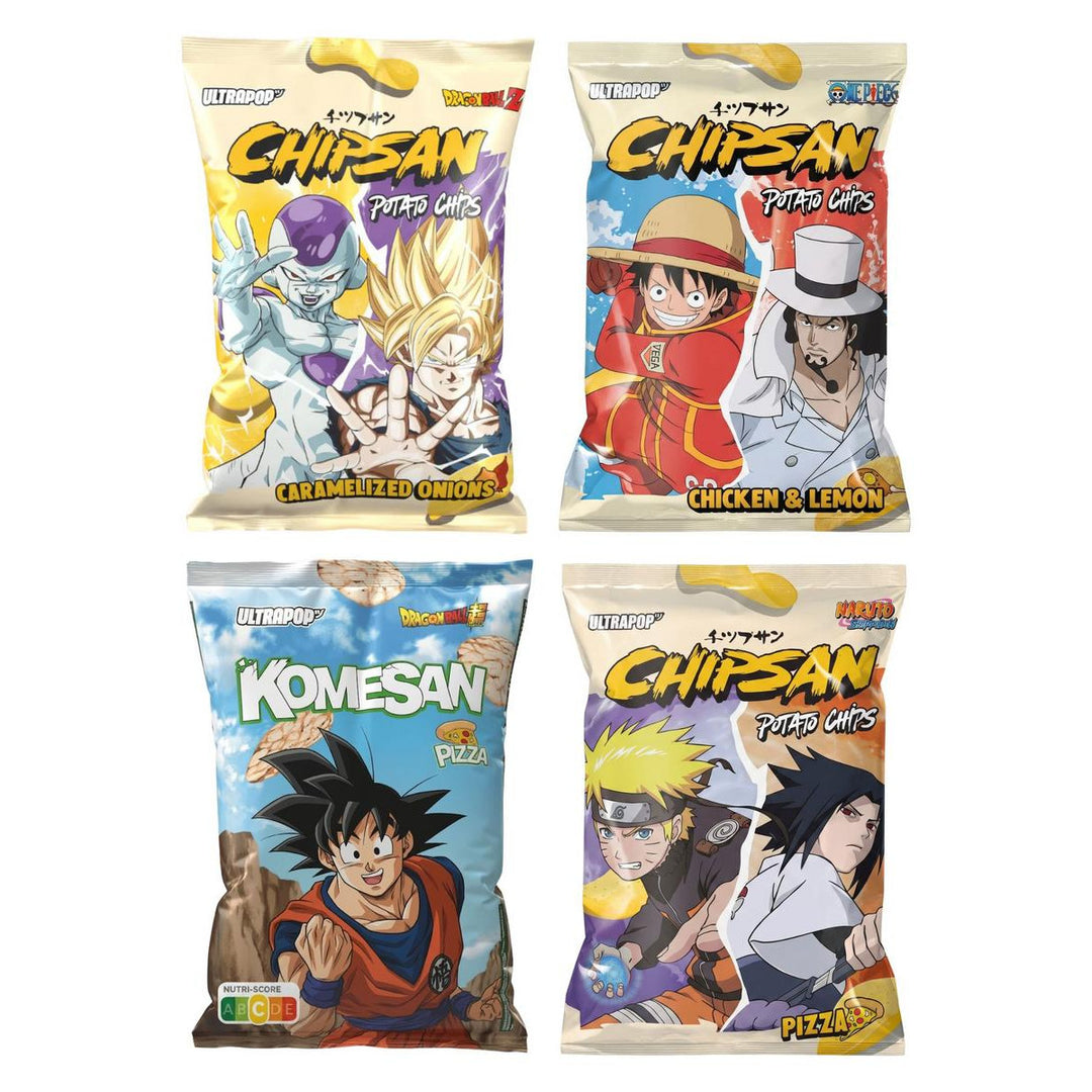 Ultra Pop Kit, 4 chips en chips met de smaak van gekarameliseerde ui, kip en citroen, pizza en pizza (rijst)
