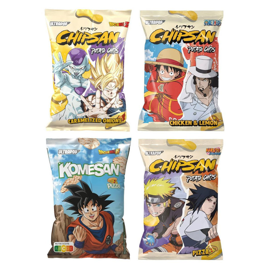 Ultra Pop Kit, 4 chips en chips met de smaak van gekarameliseerde ui, kip en citroen, pizza en pizza (rijst)