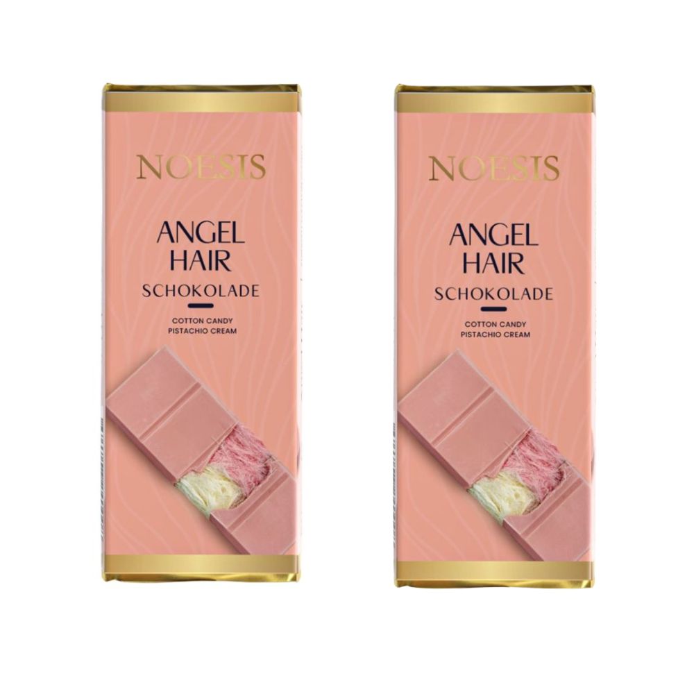 2x Noesis Angel Hair, Ruby-chocolade gevuld met granaatappel-pismaniye en pistachecrème van 75g 