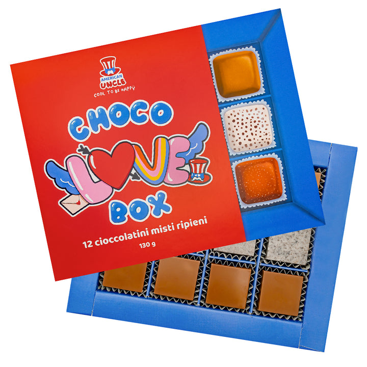 Choco Love Box, doos met 12 gemengde chocolaatjes gevuld met pindakaas, toffee en cookies & cream van 130g 
