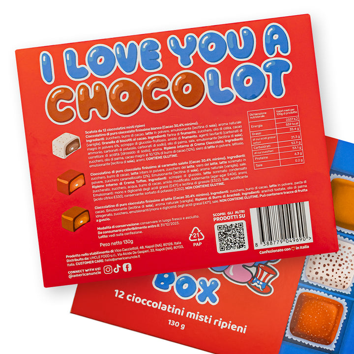 Choco Love Box, doos met 12 gemengde chocolaatjes gevuld met pindakaas, toffee en cookies & cream van 130g 