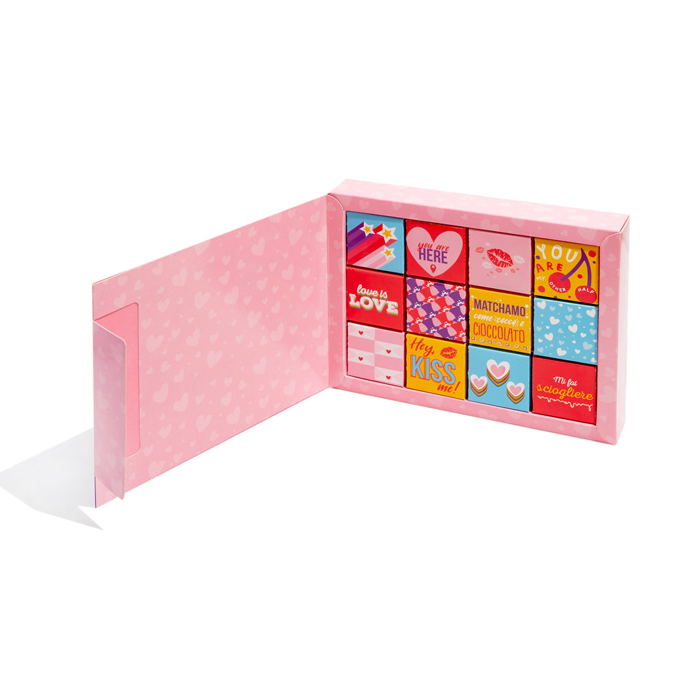 Love Bites Box, verpakking van 12 doosjes chocolade en snoepjes 