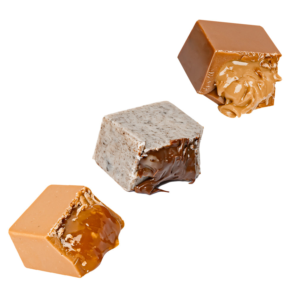Choco Love Box, doos met 12 gemengde chocolaatjes gevuld met pindakaas, toffee en cookies & cream van 130g 