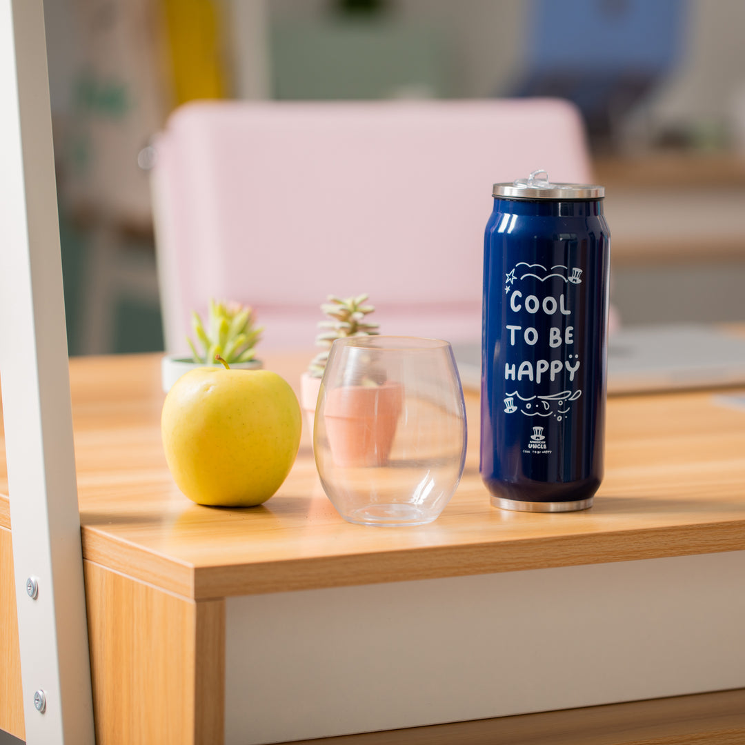 Fles Cool to be Happy, blauwe stalen fles van 500ml met geïntegreerd antibacterieel rietje 