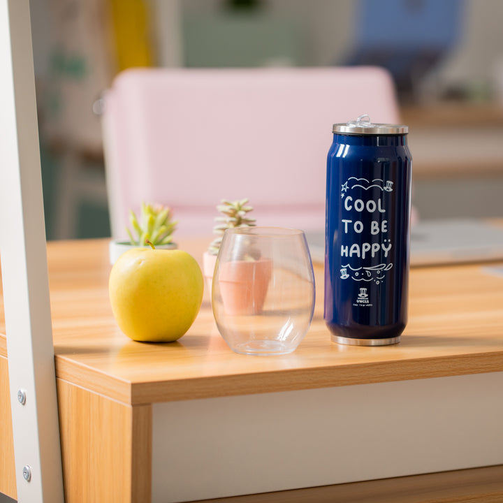 Fles Cool to be Happy, blauwe stalen fles van 500ml met geïntegreerd antibacterieel rietje 