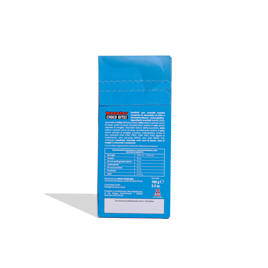 Monster Choco Bites Scary mix, geroosterde pinda's bedekt met melkchocolade en witte chocolade van 100g 