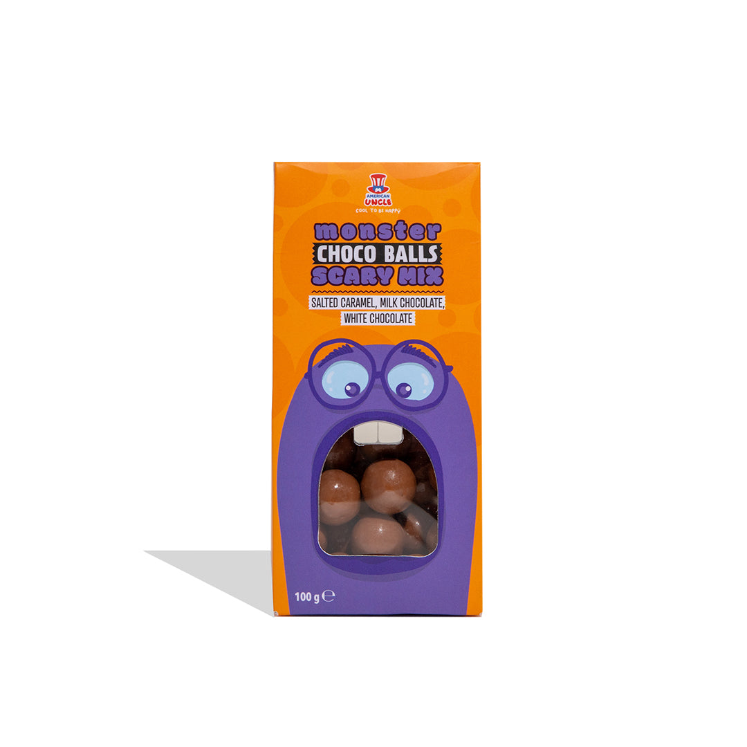 Monster Choco Balls Scary mix, melkchocoladebonbons gevuld met witte chocolade, gezouten karamel en melkchocolade van 100g 