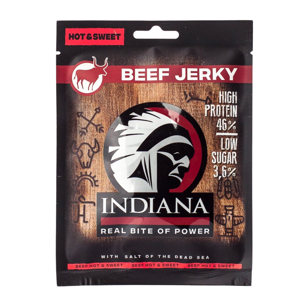 Beef Jerky Indiana Hot&Sweet, zoet en pittig gedroogd vlees van 25g 