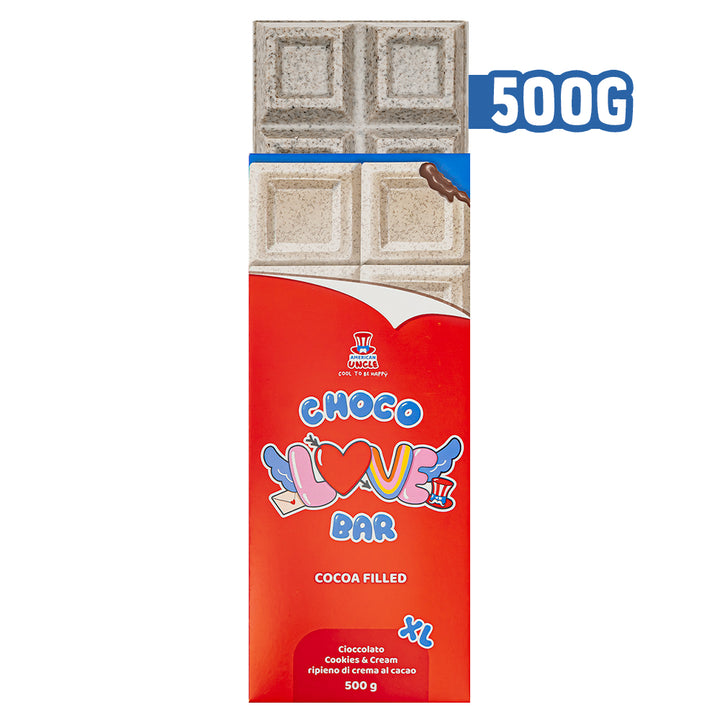 XL Cocoa filled Choco Love Bar, chocolade Cookies & Cream gevuld met cacaocrème van 500g 