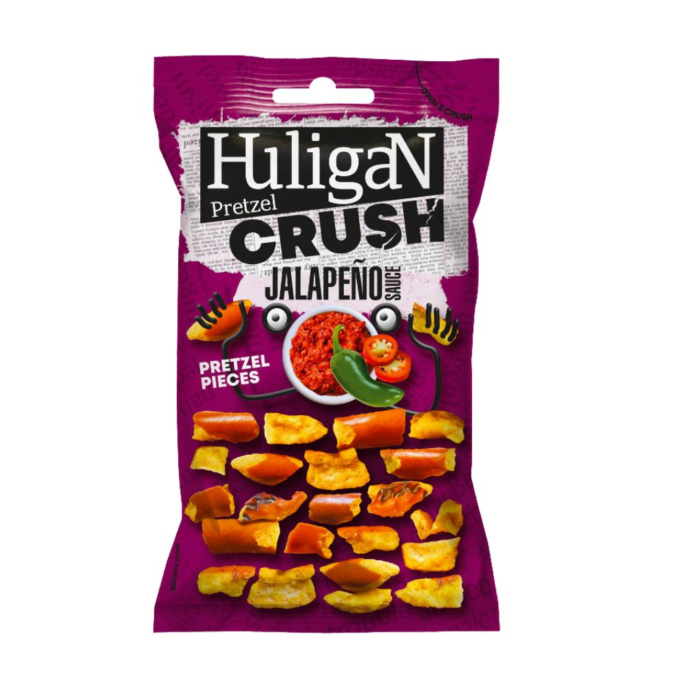 Huligan Pretzel Crush Jalapeno Sauce, pretzel met jalapeno smaak van 65g 