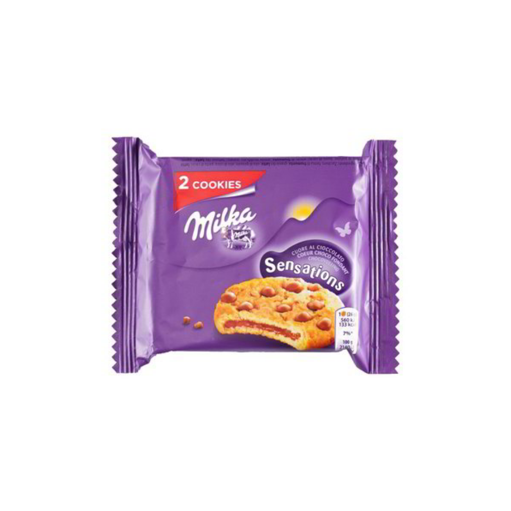 Milka Cookie Sensation, koekje gevuld met melkchocolade met chocoladedruppels van 52g 