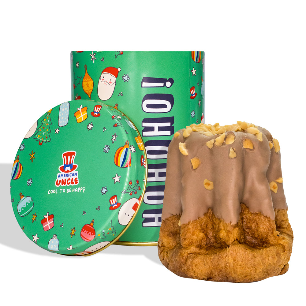 Ambachtelijke Pandoro Salted Caramel & Choco Peanuts van 200g, bedekt met chocolade en pinda's, gevuld met gezouten karamel 