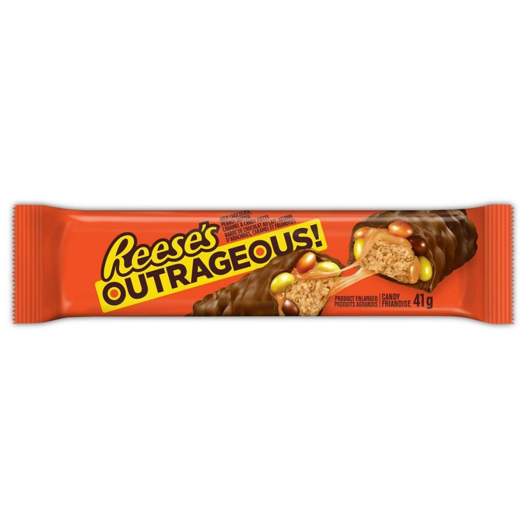 Reese's Outrageous!, chocoladereep gevuld met pindakaas en kleurrijke snoepjes van 41g 