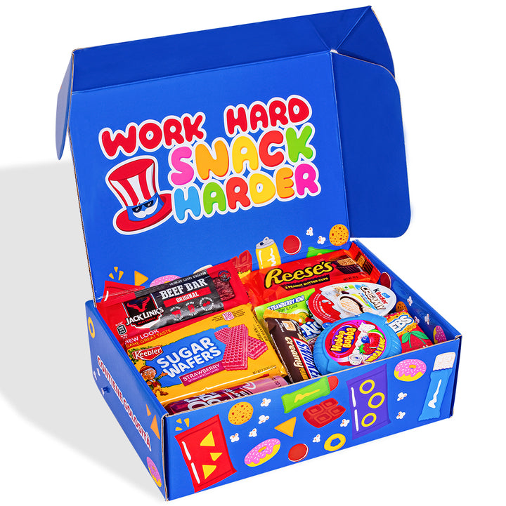 Snackbox "Cool to be Happy", verrassingsdoos met 20 zoete, zoute snacks en dranken 