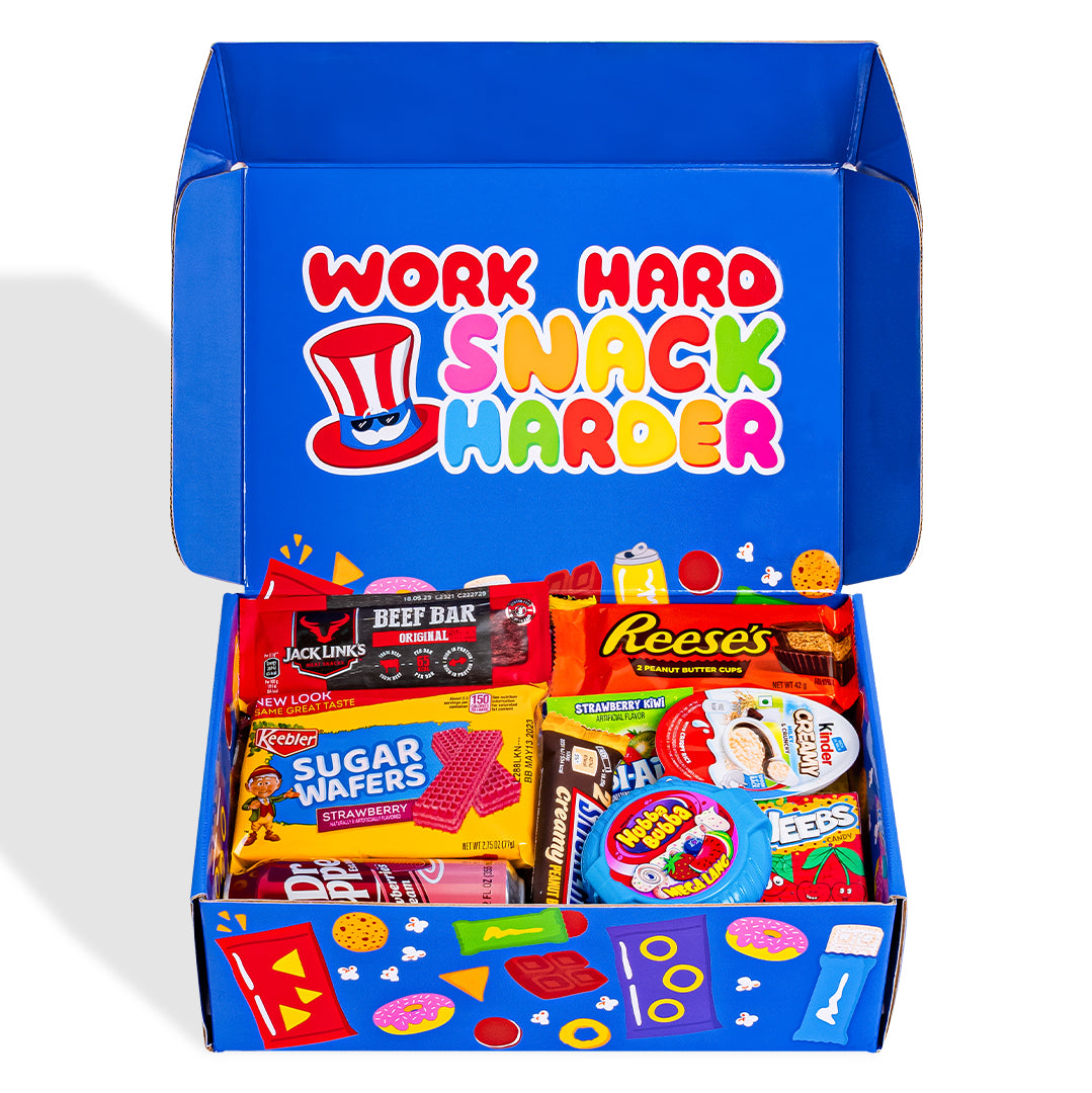 Snackbox "Cool to be Happy", verrassingsdoos met 20 zoete, zoute snacks en dranken 