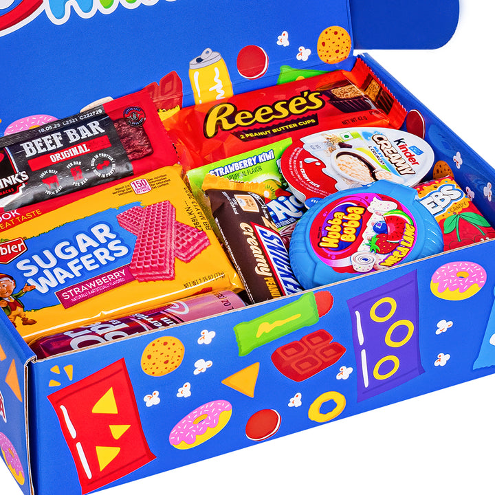 Snackbox "Cool to be Happy", verrassingsdoos met 20 zoete, zoute snacks en dranken 