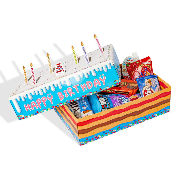 Birthday box, doos in de vorm van een verjaardagstaart van 15 snack zoete en hartige 