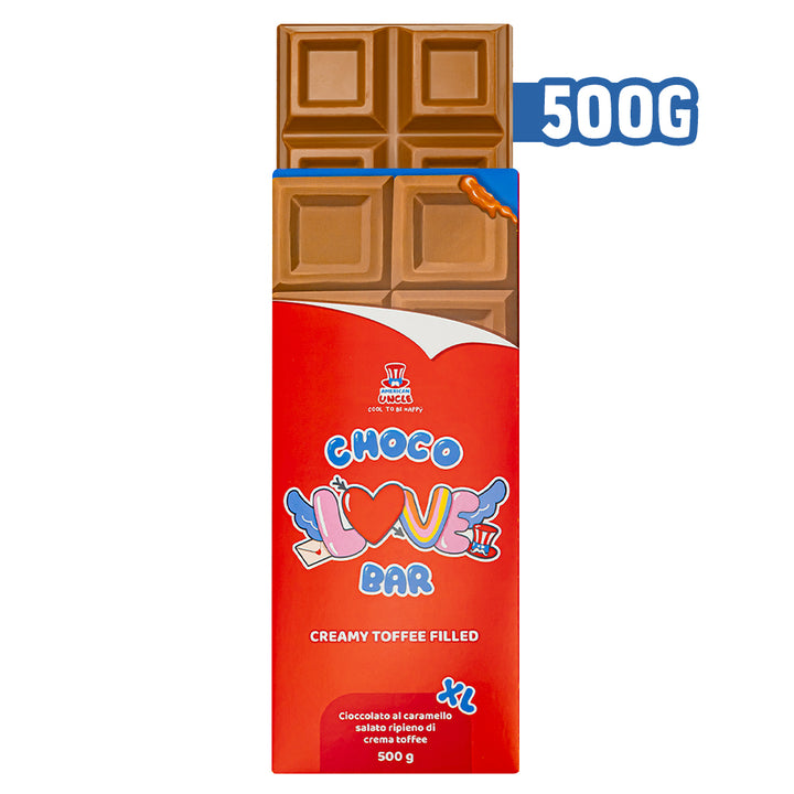 XL Creamy Toffee gevuld Choco Love Bar, chocolade met karamel gevuld met toffeecrème van 500g 