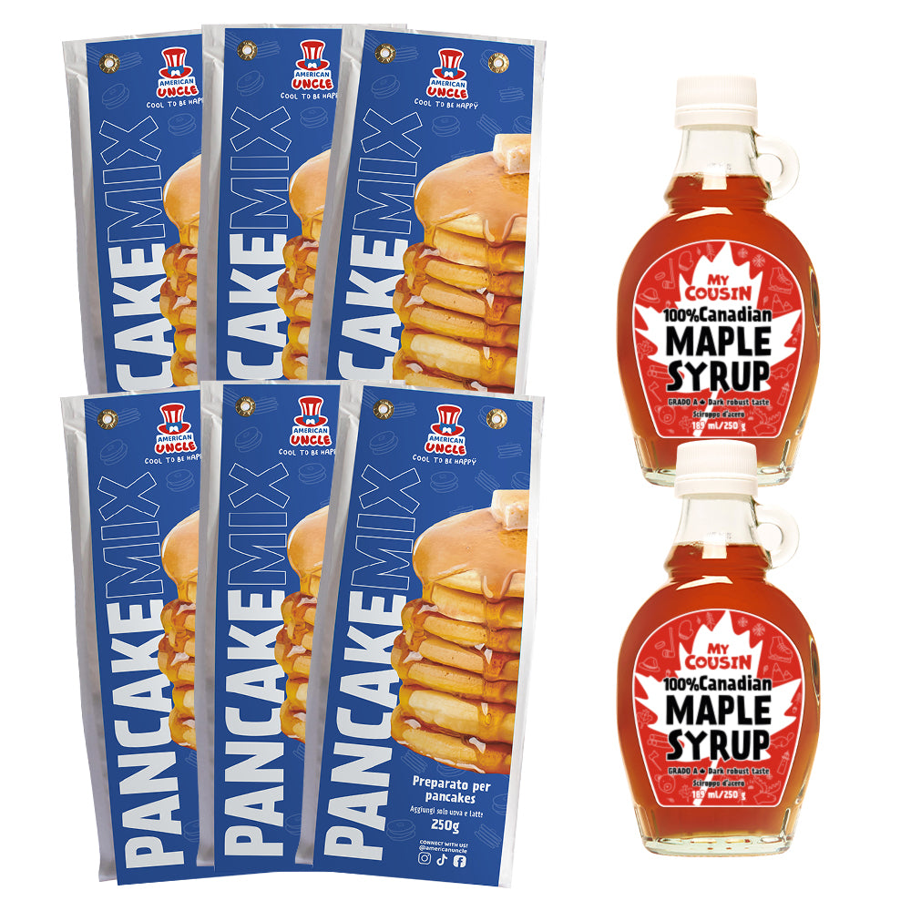 6x American Uncle Pancakemix + 2x ahornsiroop My Cousin 