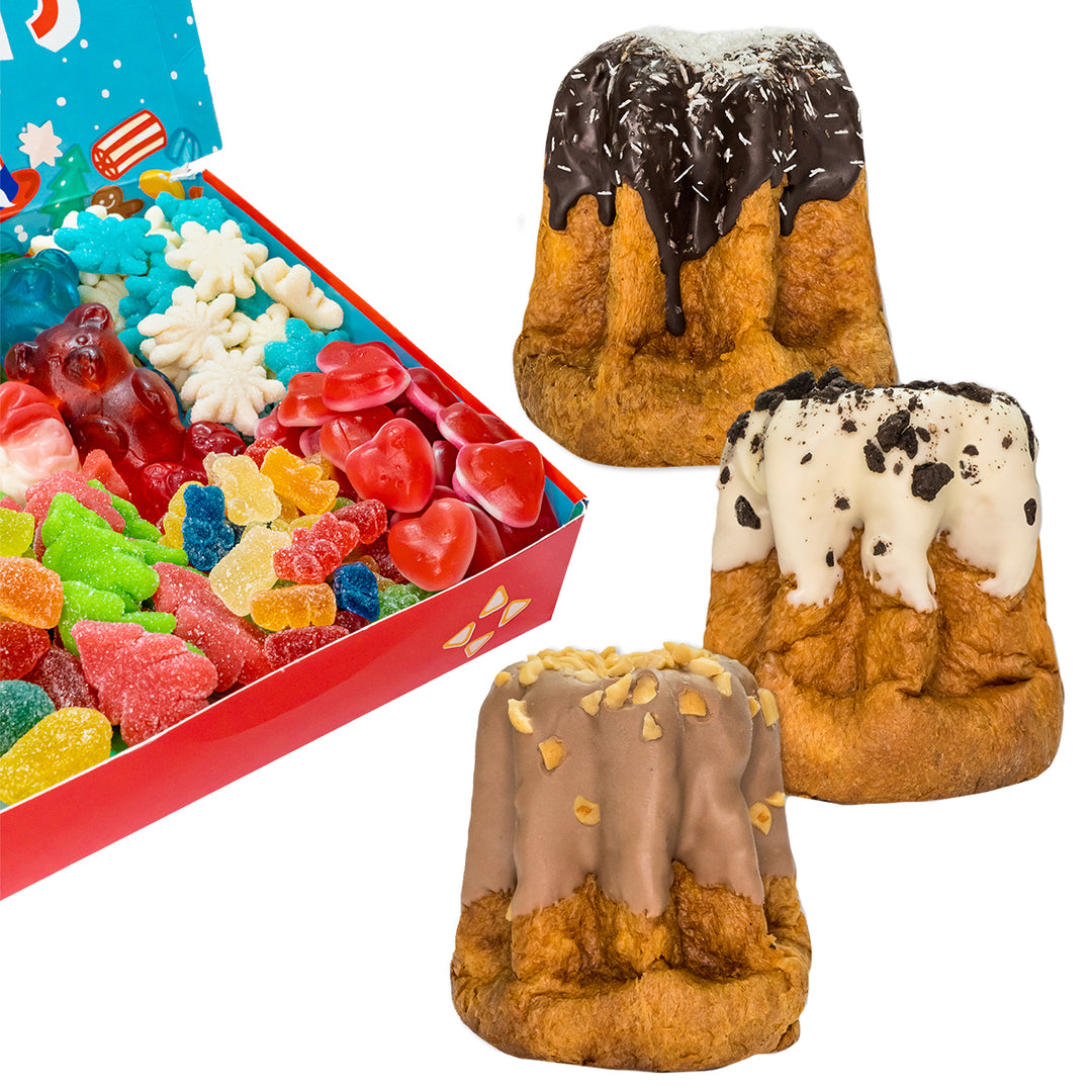 Candy box Feestdagen Editie + 3 ambachtelijke pandori van 200g Donkere Choco & Kokos, Gezouten Karamel & Choco Pinda's en Cookies & Cream 
