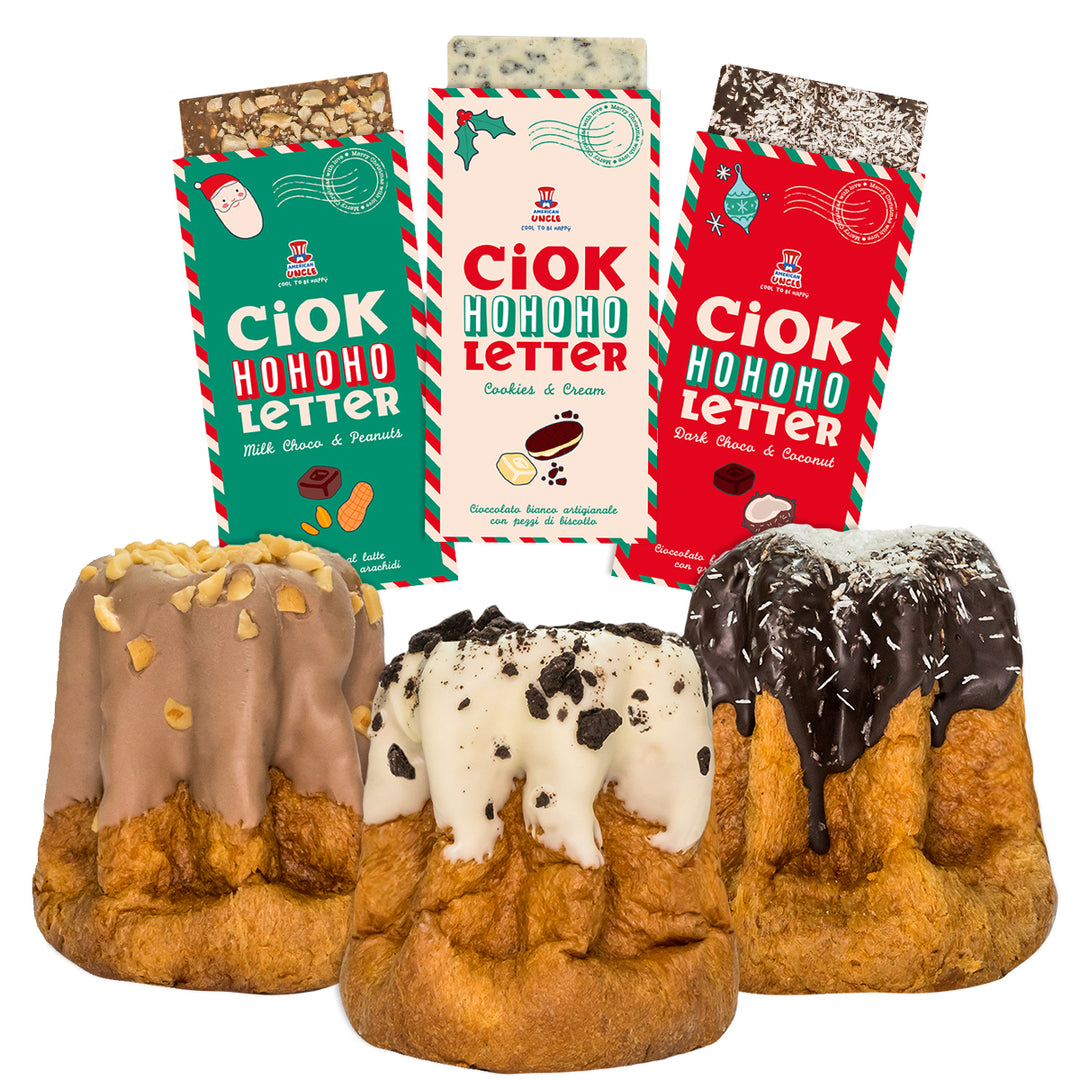 3 ChocoLetter + 3 ambachtelijke pandoro's, ambachtelijke chocoladerepen van 100g en pandoro's van 200g 