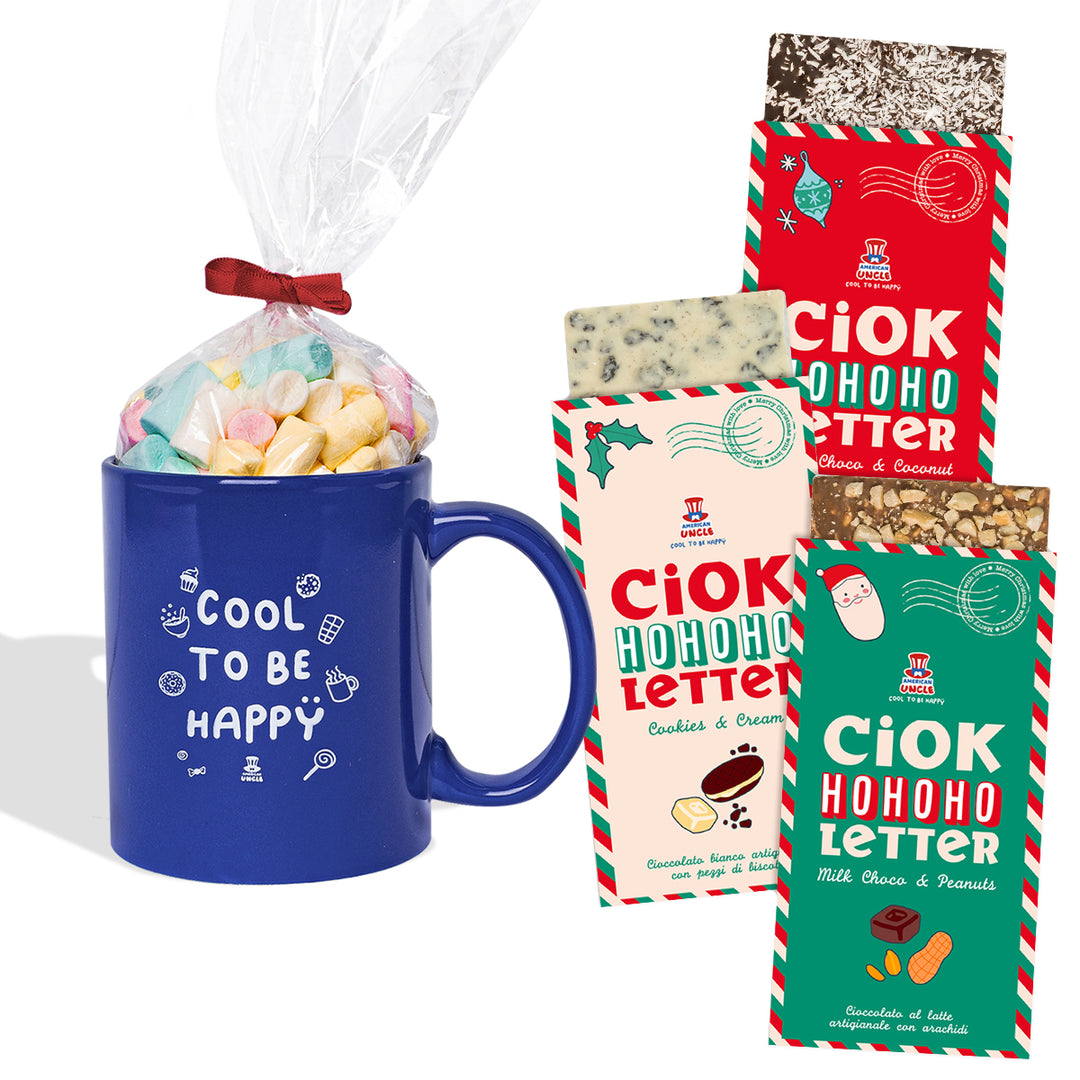 Mok Cool to be Happy + zakje van 100g gummies + 3 ChocoLetter van 100g 
