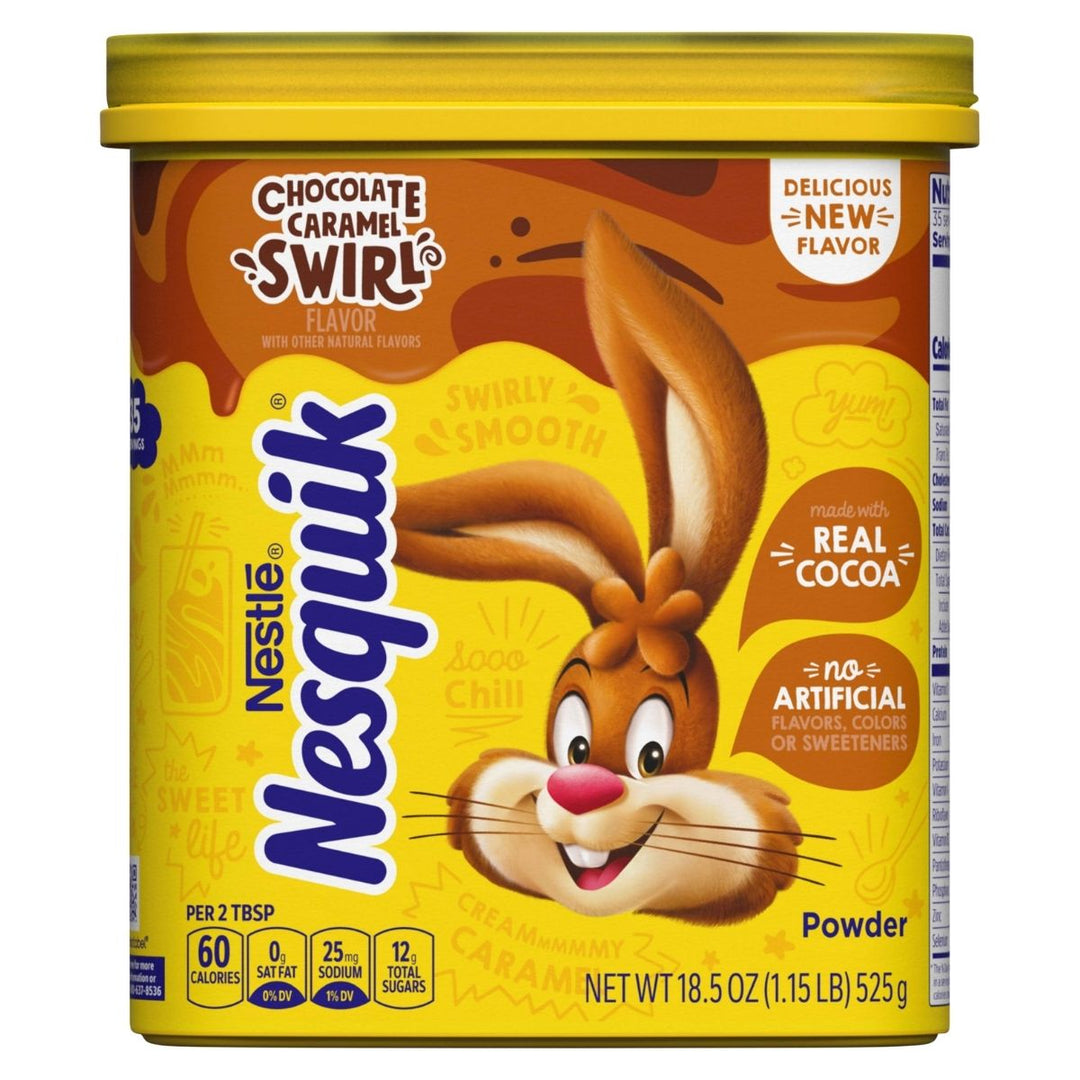 Nesquik Chocolade Karamel Swirl, poeder voor chocolade- en karamelmelk van 525g 