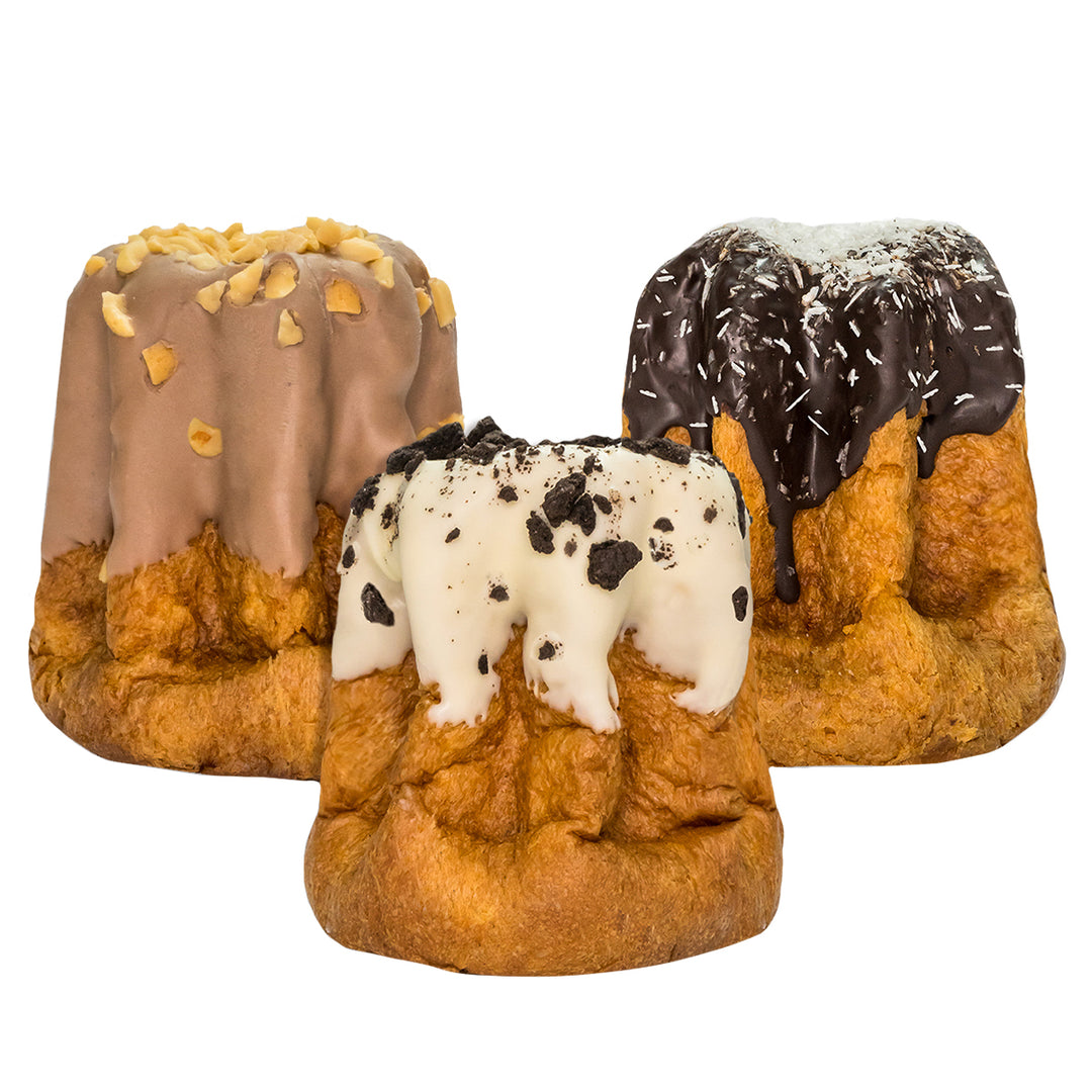 3 ambachtelijke pandoro's van 200g Dark Choco & Coconut + Salted Caramel & Choco Peanuts + Cookies & Cream 