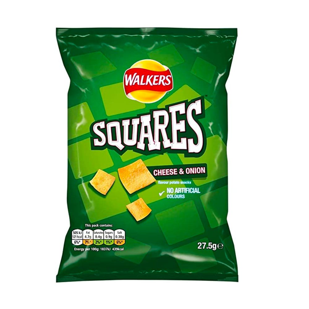 Squares Cheese & Onion, chips met kaas en uiensmaak van 27,5g 